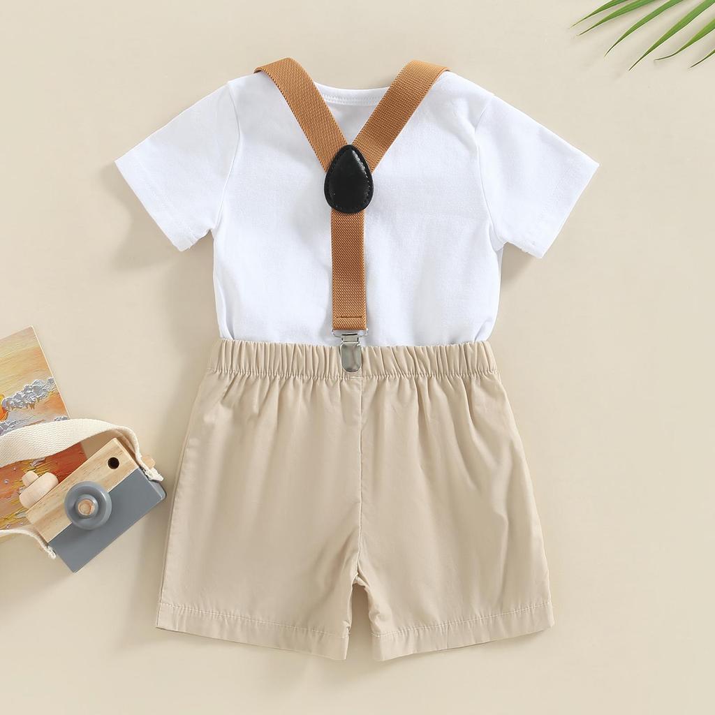 Baby Boys Summer Outfit Sets White Short Sleeve Letter Print Romper + Solid Color Suspender Shorts