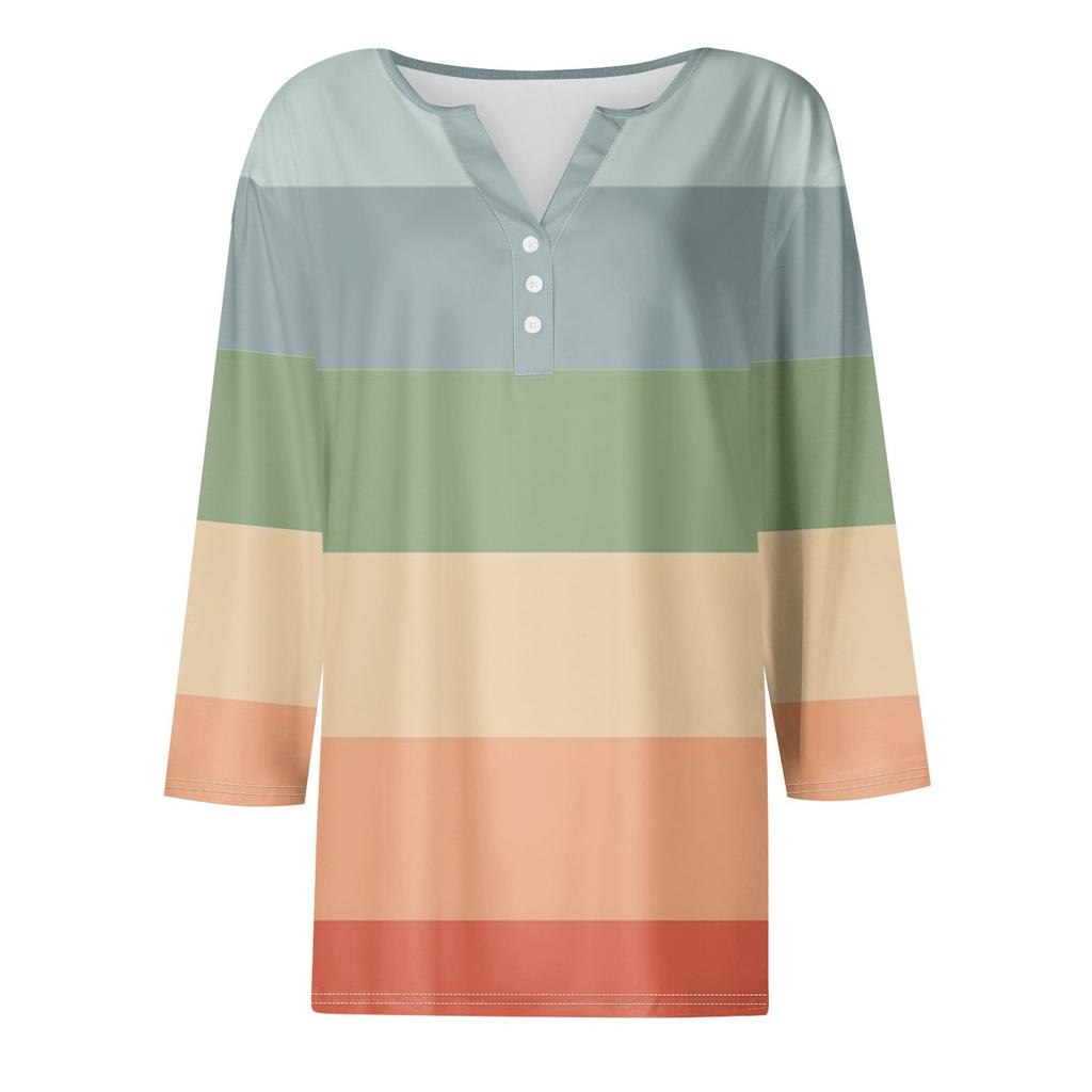 Жен. Футболка Футболка С принтом Пуговицы Рукав 3/4Ежедневно Выходные Мода Классический Топ с v-образным вырезом Обычный