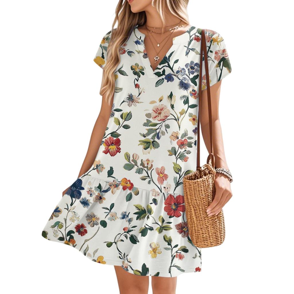 Женские платья с коротким рукавом и V-образным вырезом с цветочным принтом Свободные повседневные пляжные платья в стиле темперамент
