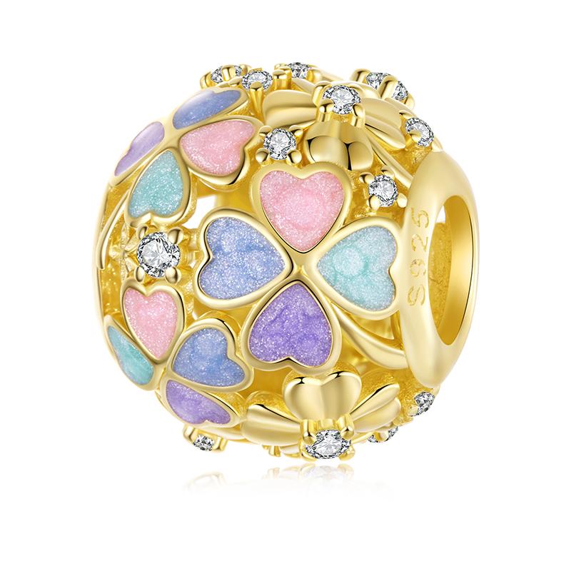 WOSTU 925 Sterling Silver Tow Tone DIY Bee Pendant Lucky Four-Leaf Clover Charm Colorful Leaves Bead Fit Original Bracelet Neck