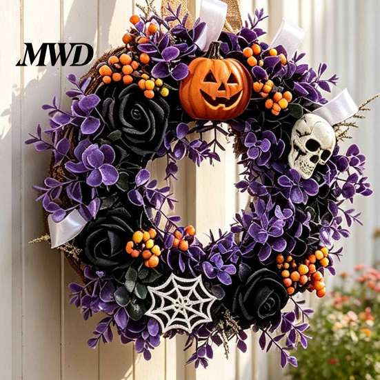 Wall Fireplace Hanging Ornaments Halloween Wreaths for Front Door, Skull Pumpkin Wreath with Berries, Black Spooky Bat Cabin Party Props Roses, Purple