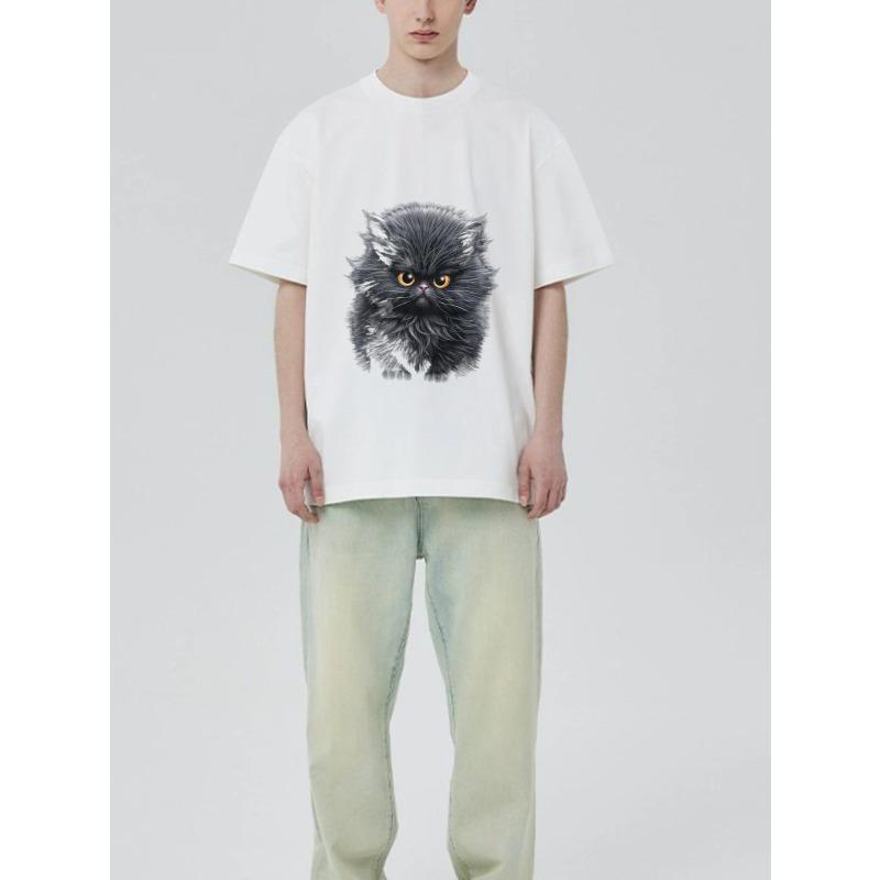 Футболка с круглым вырезом черная с принтом пушистого кота для повседневной носки