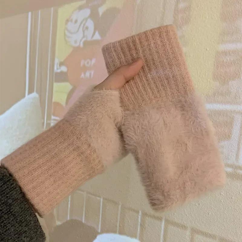 Однотонные плюшевые перчатки женские на осень и зиму теплые шерстяные вязаные перчатки для сенсорного экрана с открытыми пальцами и полупальцами