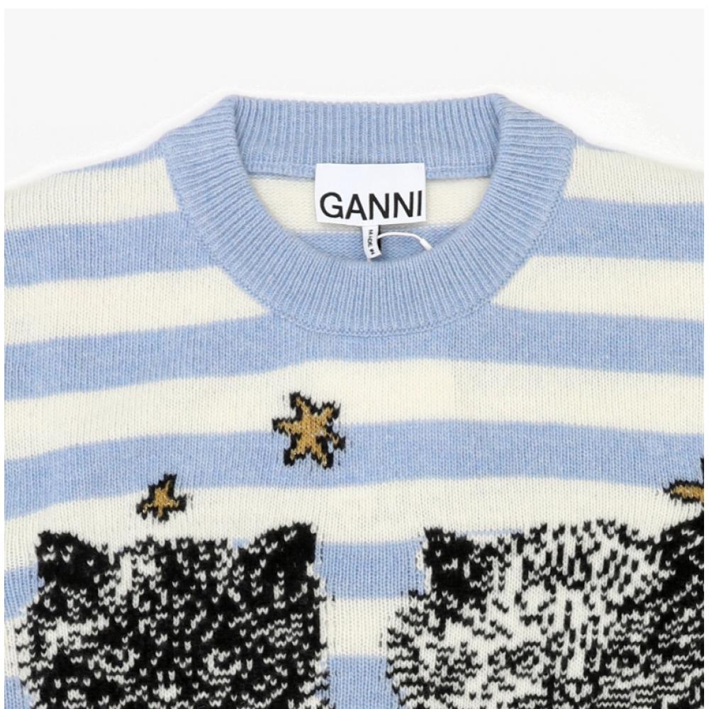 Ganni K2369 628 Cat Graphic Logo Wool Mix Stripe Women S Knit