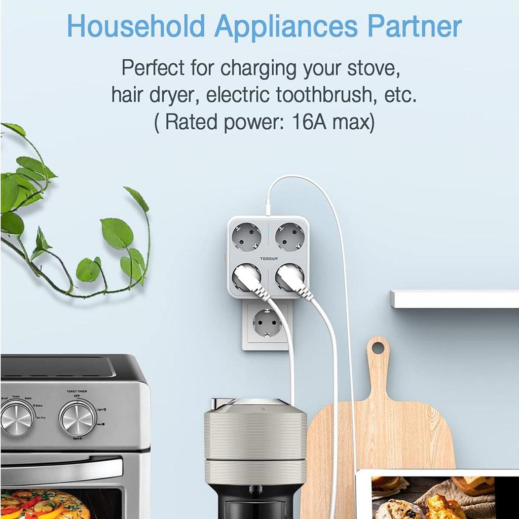 Tessan Дорожный адаптер с европейской вилкой, настенная USB-розетка с переключателем включения/выключения, 4 розетки европейского стандарта, 3 порта USB, зарядное устройство 7 в 1 для дома