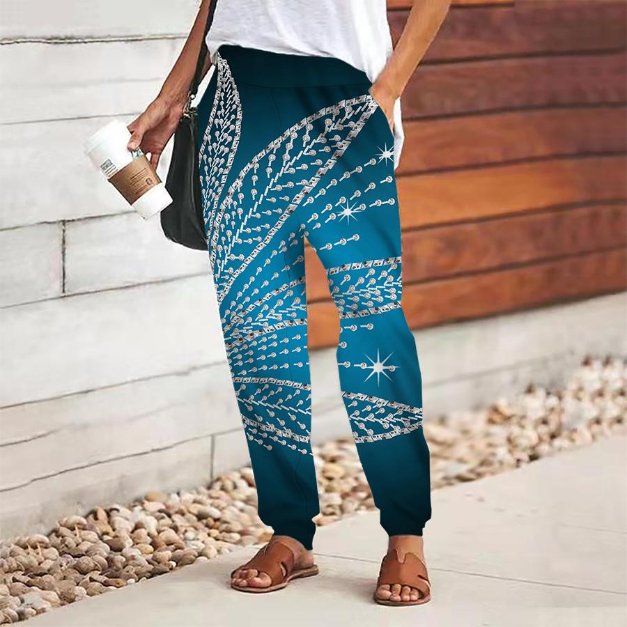 Women Flash Diamond Printing Pants Lace Up Elastic Waist Loose Trousers Casual Long Pants Trousers with Pockets