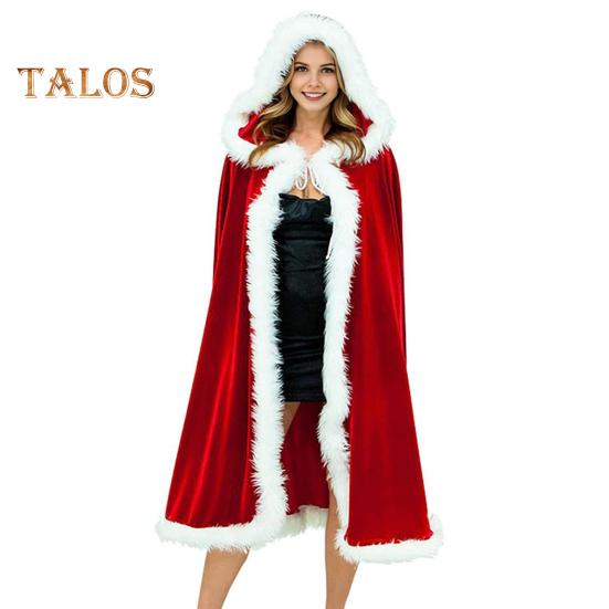 Women Christmas Cloak Fluffy Edge Color Matching Hooded Santa Cosplay New Year Party Performance Costume Festive Poncho