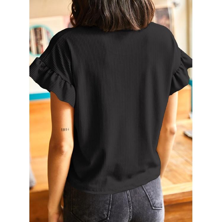 Женская футболка с коротким рукавом, повседневные базовые футболки, летние однотонные вязаные футболки свободного покроя с рюшами и круглым вырезом, блузки