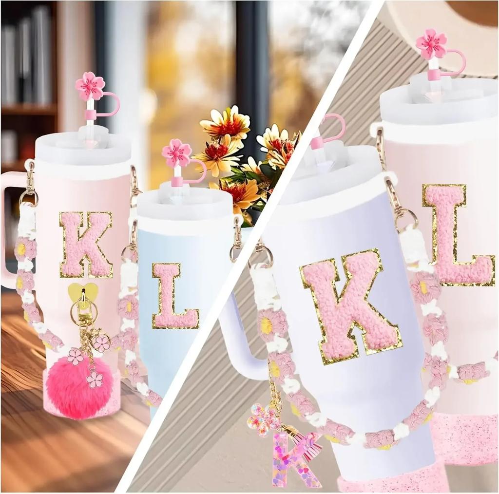 12PCS Cup Accessories for Cup 30oz 40oz Straw Cover Cap Water Bottle Handle Strap Boot Chains Personalized Sticker