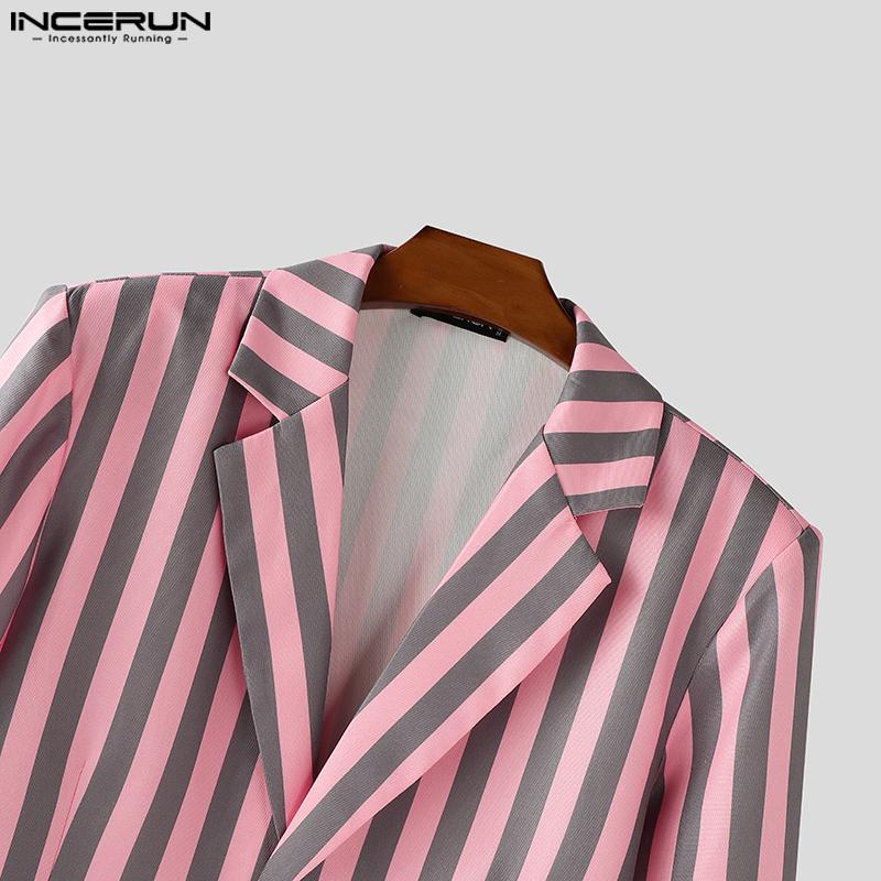 INCERUN Oversized Men Lapel Neck Long Sleeve Striped Print Casual Thin Blazer Suit Coats