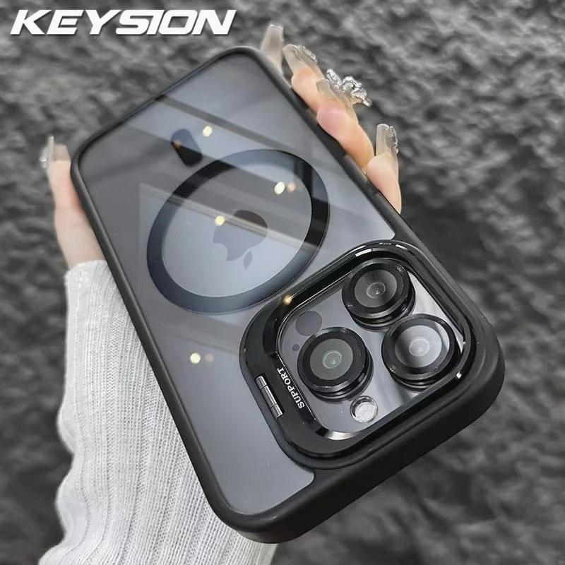 KEYSION Magnetic Transparent Phone Case for MagSafe for iPhone 15 16 Pro Max 16 Plus 16e Lens Protector Metal Stand Shockproof Cover