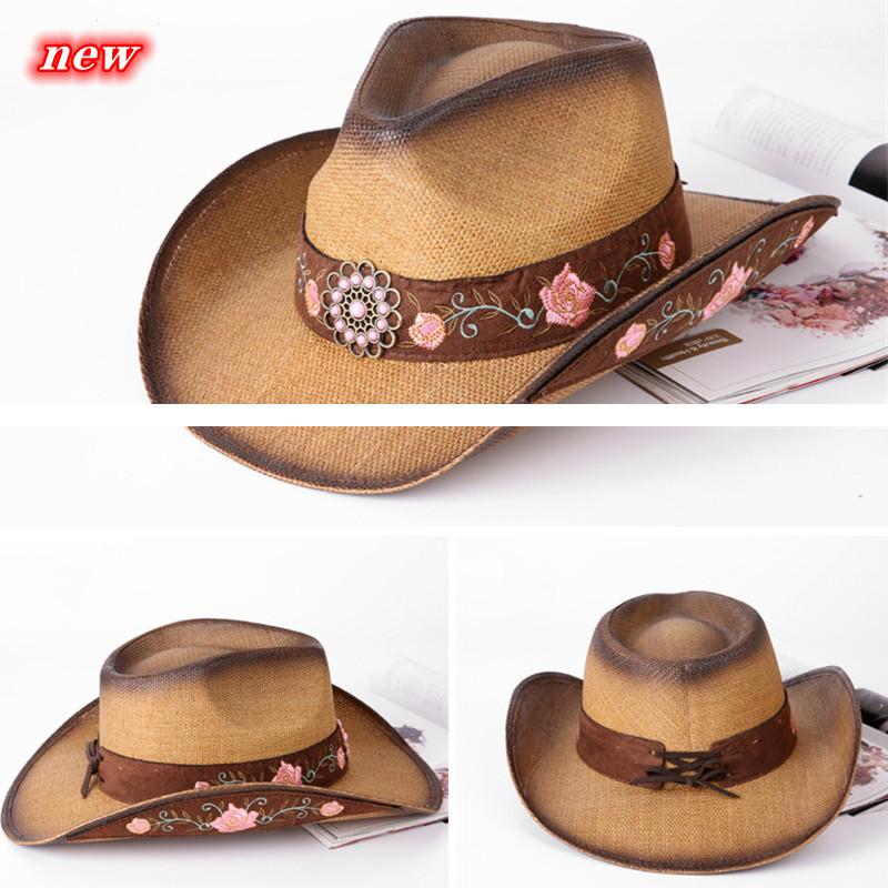 Three-dimensional Embroidery Handmade Straw Hat Western Cowboy Hat Men Cap Outdoor Women Hat Light Luxury