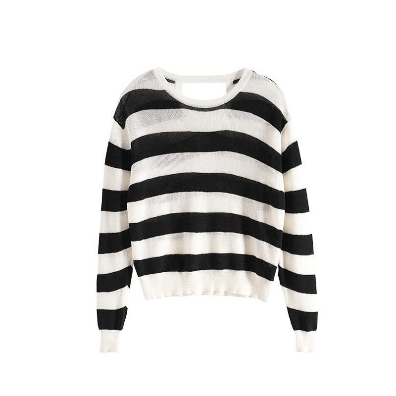 Maslan Spring Fashion Design Versatile Casual Age Reducing Black and White Striped Round Neck Long Sleeve Knitted Shirt