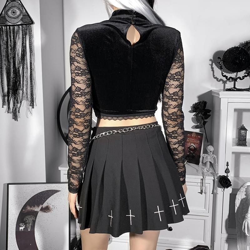 Готическая винтажная бархатная футболка с длинными рукавами и шнуровкой, укороченные топы