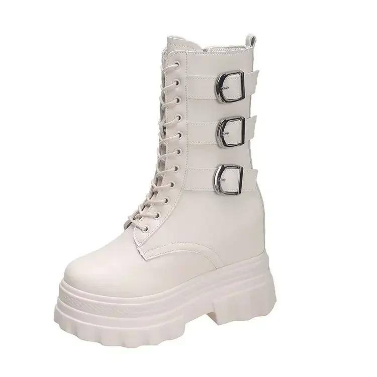 Модные женские полусапоги Модные мотоботы Высококачественные повседневные кожаные ботильоны Увеличение высоты на 12 см Ботинки на платформе для женщин