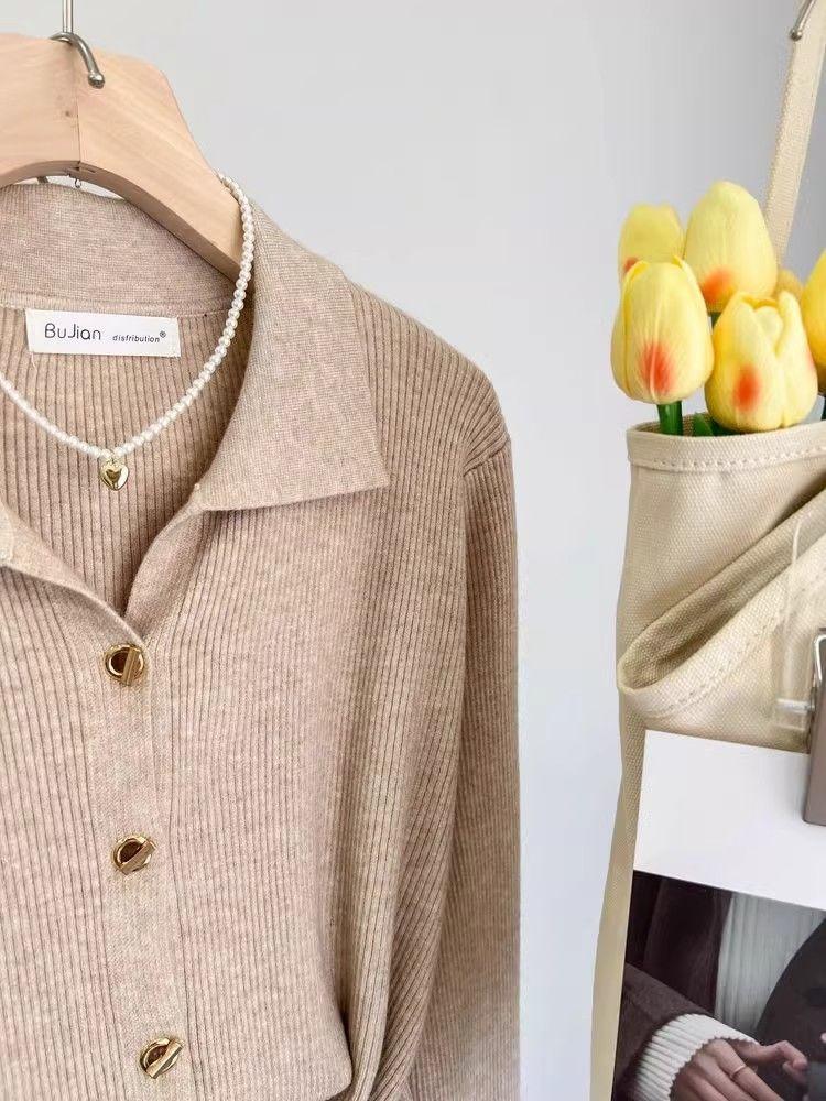 Французский элегантный лацкан вязаный свитер кардиган женский весна осень винтажная однотонная рубашка поло корейский шик под базовый слой одежды