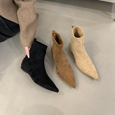 Майяр! Суперогненные короткие ботинки женские 2025 новые осенне-зимние ретро коричневые замшевые с острым носком на толстом каблуке эластичные тонкие ботинки