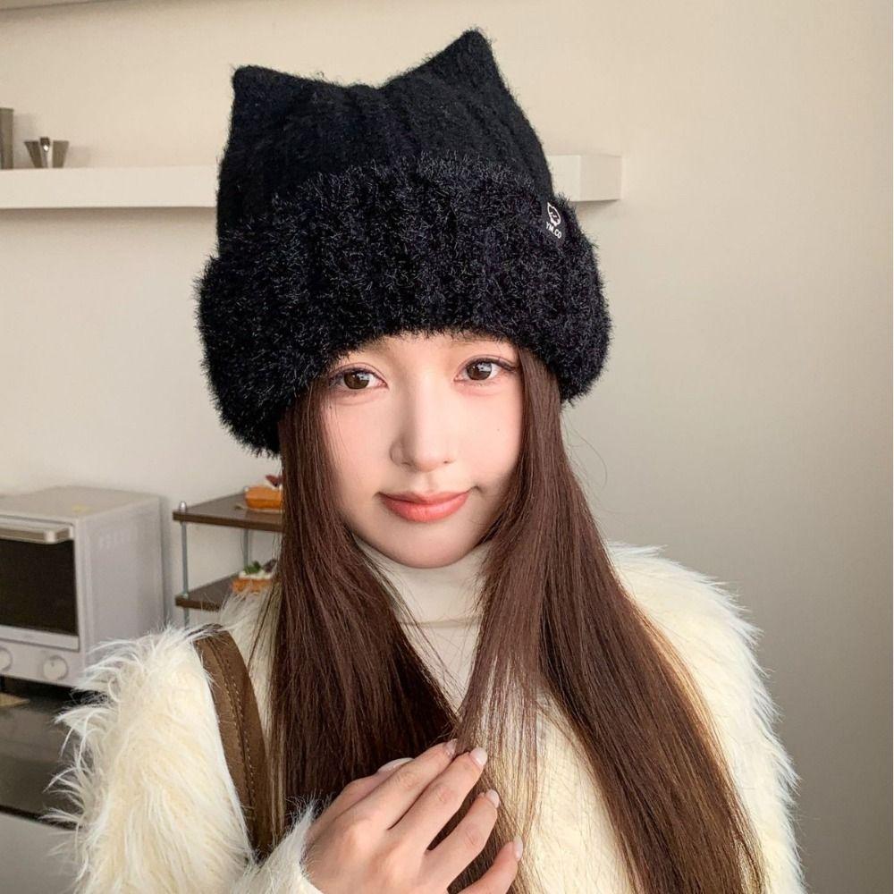 Faux Rabbit Fur Ear Protection Hat Warm Fluffy Cat Ear Beanie Cozy Knitted Beanie Hat For Women