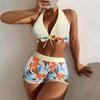 Women's Paneled Printed Swimsuit Ladies Fashion Sexy Split Boxer High Waist Swimsuit Two-Piece Set V-Neck Bathing Suits Female