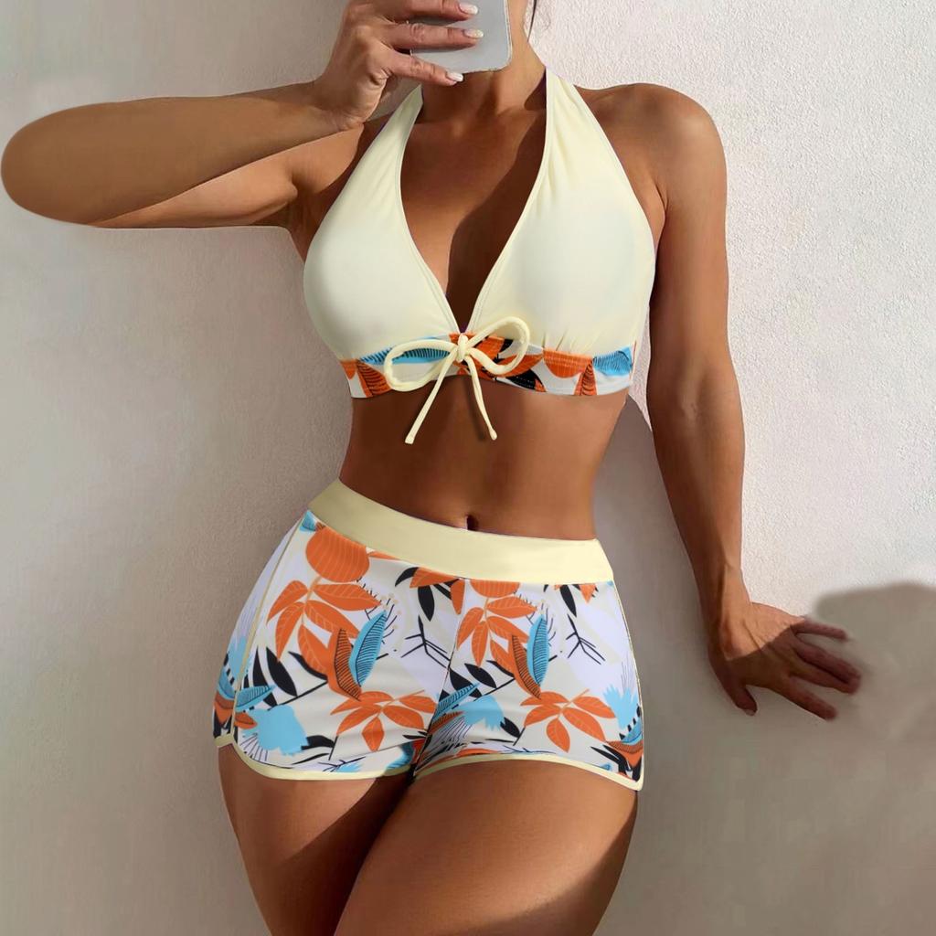Women's Paneled Printed Swimsuit Ladies Fashion Sexy Split Boxer High Waist Swimsuit Two-Piece Set V-Neck Bathing Suits Female