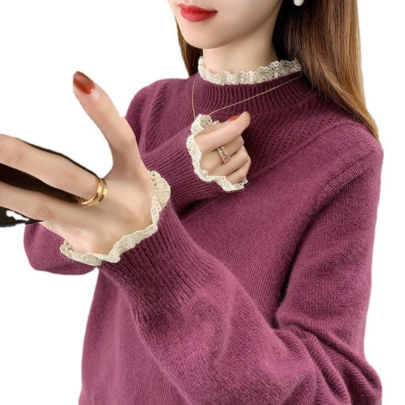 Женский свитер вязаный базовый топ весна весна осень универсальный полуворотник новый кружевной край высокое чувство