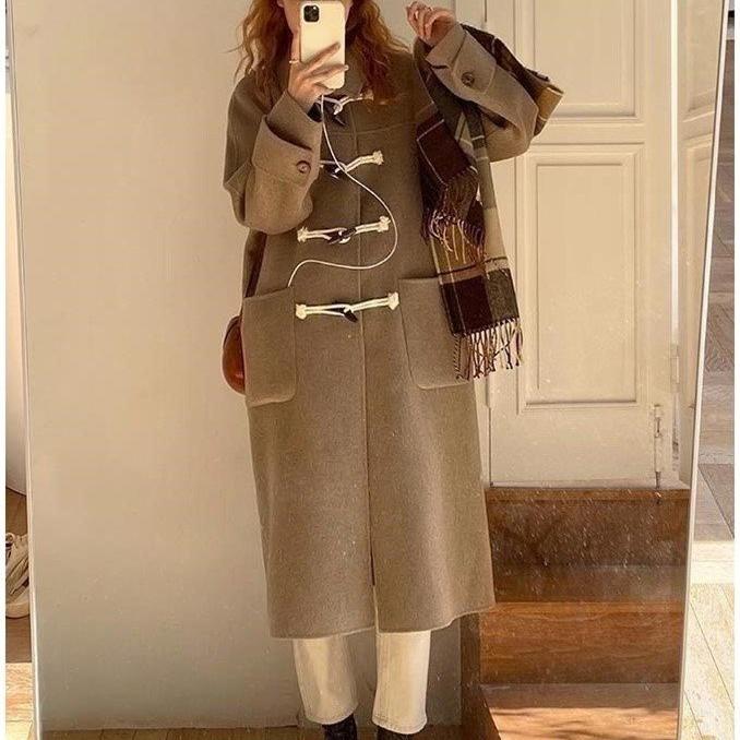Autumn and Winter Women's Korean Edition Slim Cow Horn Button Coat Student Coat Small Medium Length Coat