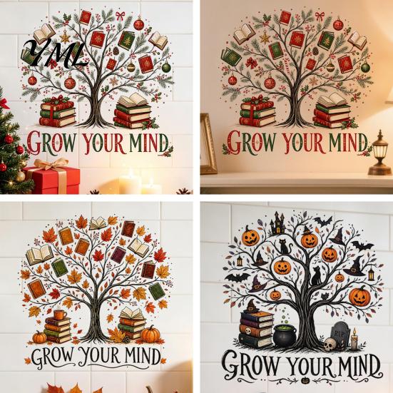 Christmas Tree Wall Decals Grow Your Mind Decal, Fall Halloween Reading Themed Autumn Harvest Decor Sticker, Inspirational Educational for Classroom
