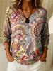 Women's Stylish Long-Sleeve Autumn Top Casual Crew-Neck T-Shirt with Vintage Ethnic-Style Print Loose Fit Street-Style Design