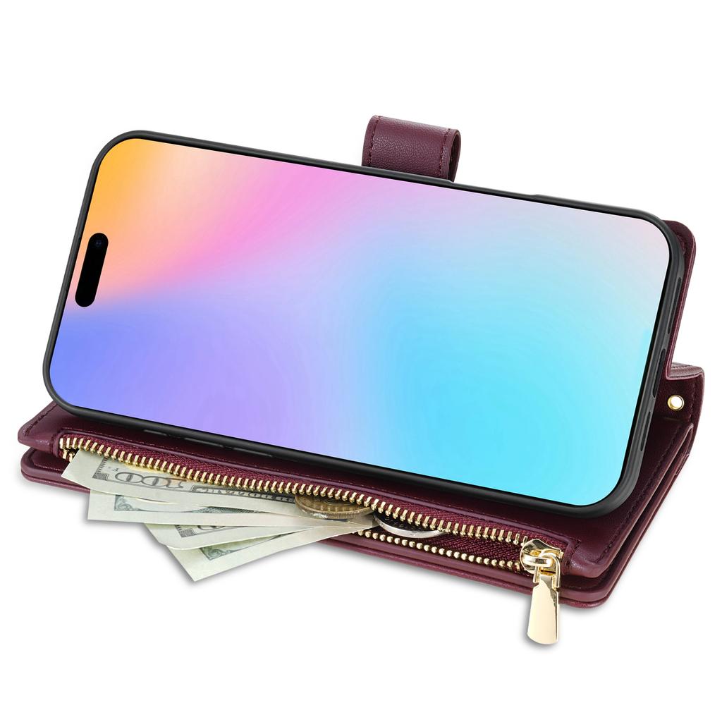 For iPhone 17 Case Rhombus Stitching Leather Wallet Phone Cover with Long/Short Strap