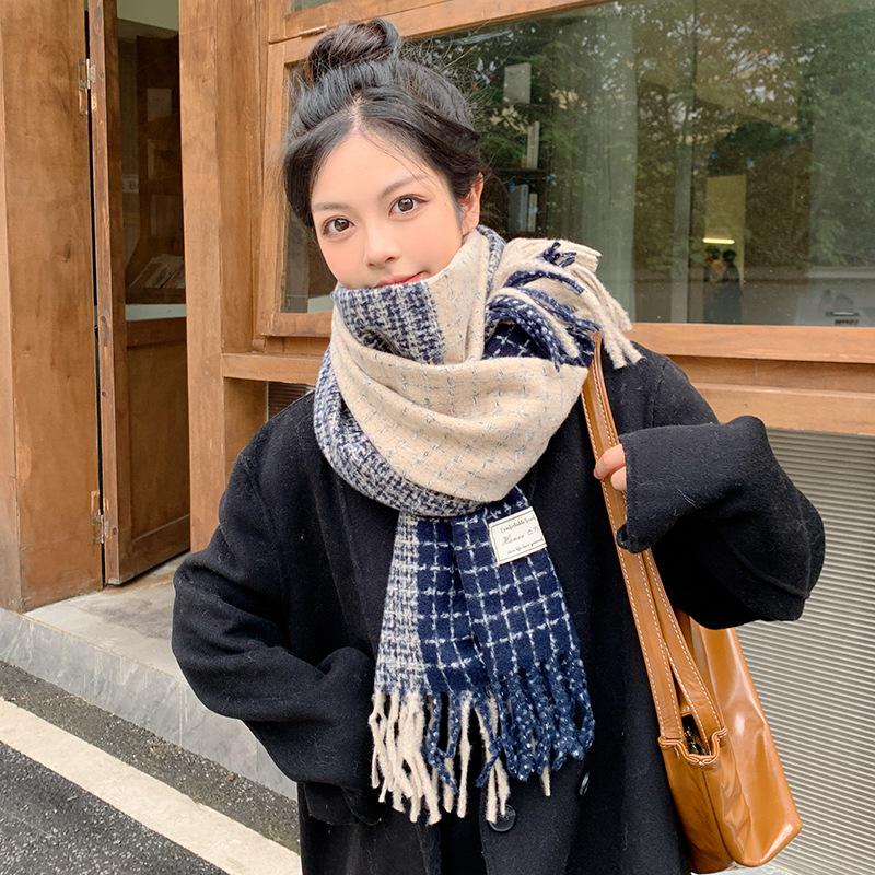 Japanese Korean Style Soft Tassel Color-Block Plaid Scarf Women Men Warm Neck Wrap Atmosphere Shawl