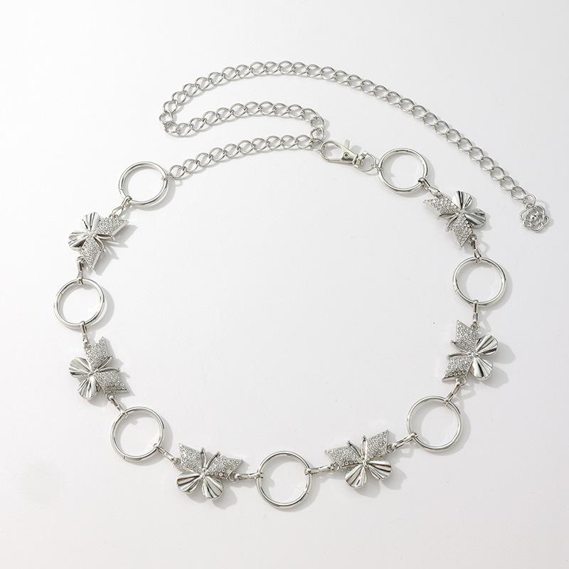 New Women's Sweet Rhinestone Butterfly Circle Metal Versatile Fashionable Waist Chain Adjustable Delicate Women's Belt