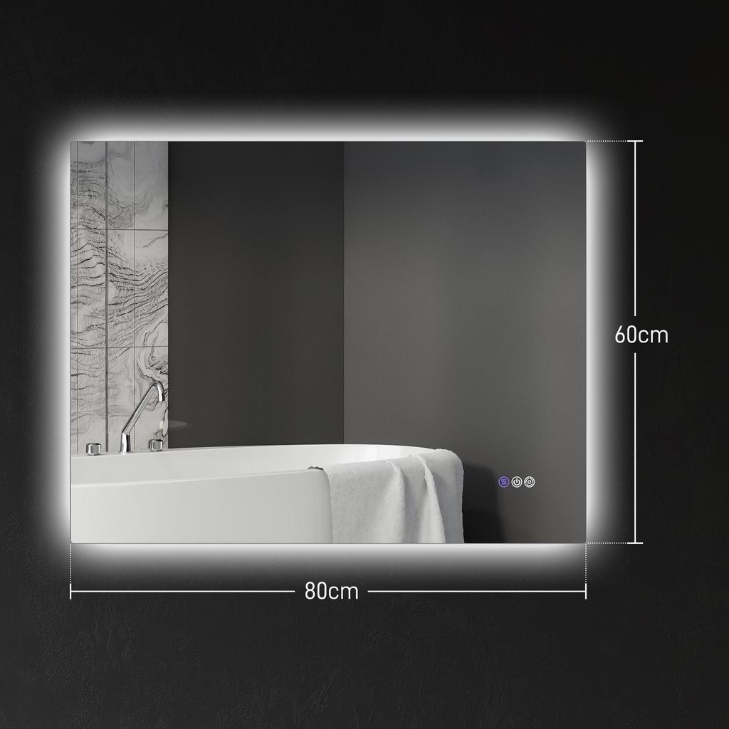 Anti-Fog Bathroom Mirror with Adjustable Brightness and Color, in Glass and Aluminium Alloy, 80x60x4 cm