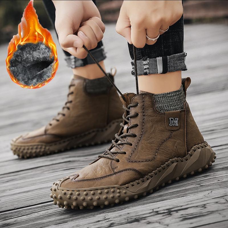 Классические зимние мужские ботинки из натуральной кожи, плюшевые теплые мужские зимние сапоги, непромокаемые уличные мужские рабочие ботинки в римском стиле, мужские мотоциклетные ботинки