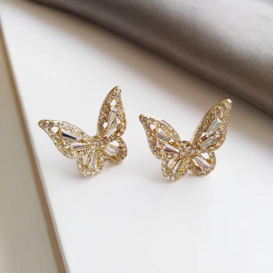 1 Pair Ear Studs Butterfly Shape Rhinestone Faux Crystal Decor Hollow Anti-rust Anti-allergy Lightweight Ear Decoration Jewelry Lady Prom