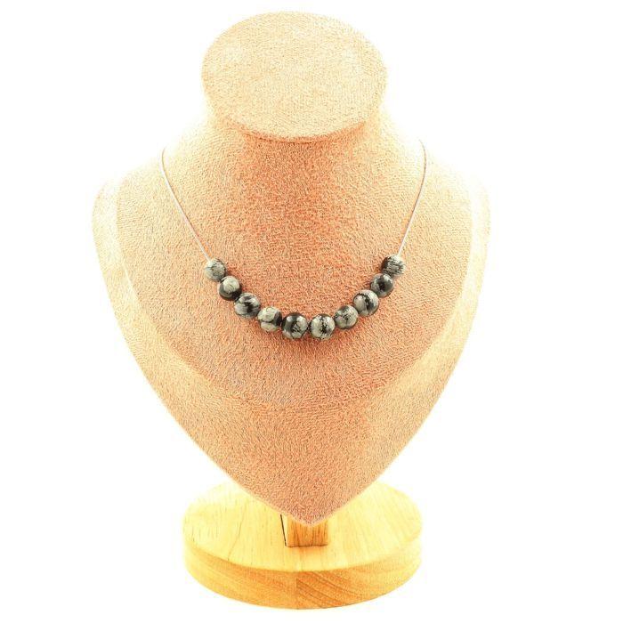 Stones and Minerals. Necklace 10 Snowflake Obsidian Beads 8 Mm. Steel Chain Necklace Women, Men. Custom Size