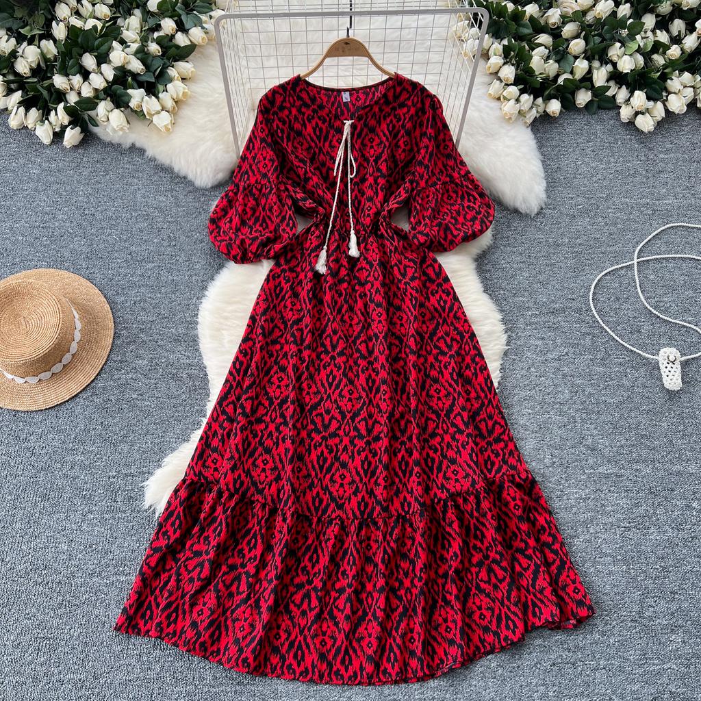 Elegant Vintage Floral Dress for Women Summer Lace Up Slim Waist Dresses Y2k Puff Sleeve Loose Dresses