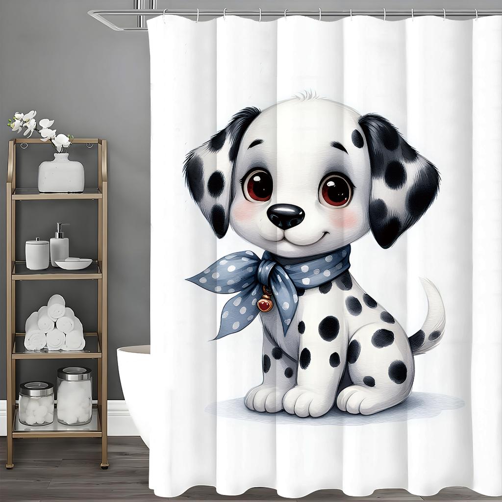 Cute Spotted Dog Silk Towel Shower Curtain, Bathroom Decorative Shower Curtain, Waterproof Shower Curtain with Hooks