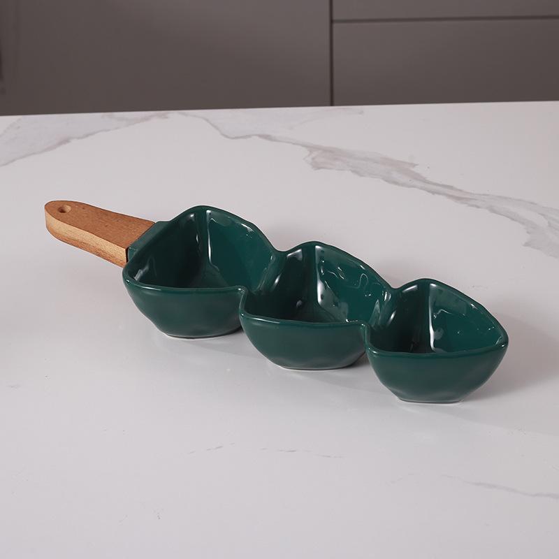 Керамическая чаша с ручкой в европейском стиле с поясом из бамбука и деревянной ручкой, керамическая тарелка для сухофруктов, закусочная тарелка