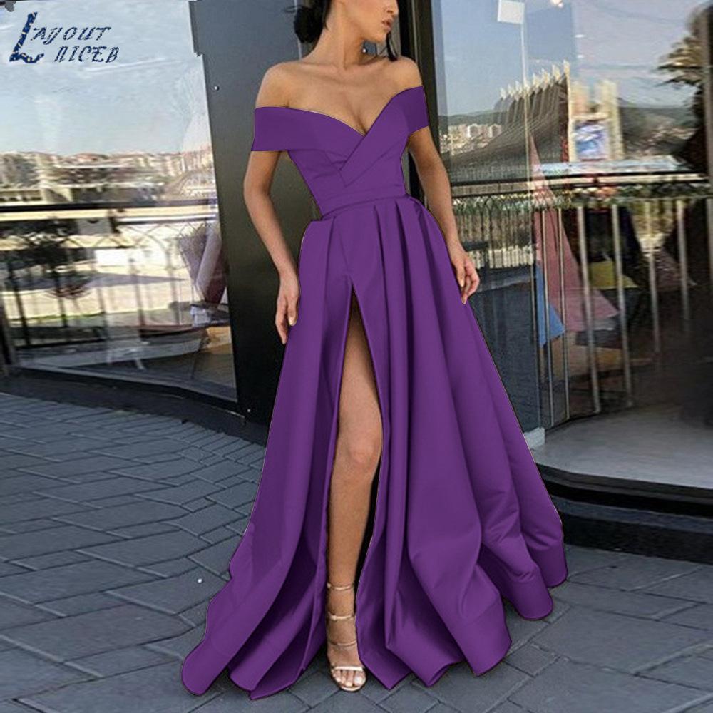 Women's Dress Deep V - Neck, Satin, Multi Color, High Slit Evening Gown Long Gown with Off Shoulder Design and High Slit Skirt