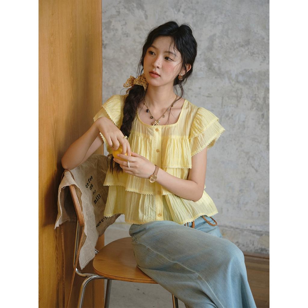 Mishow Шифоновая рубашка с рукавами-бабочками женская 2025 лето новая женская одежда ретро квадратный вырез пуговицы повседневная рубашка MXD30X1488