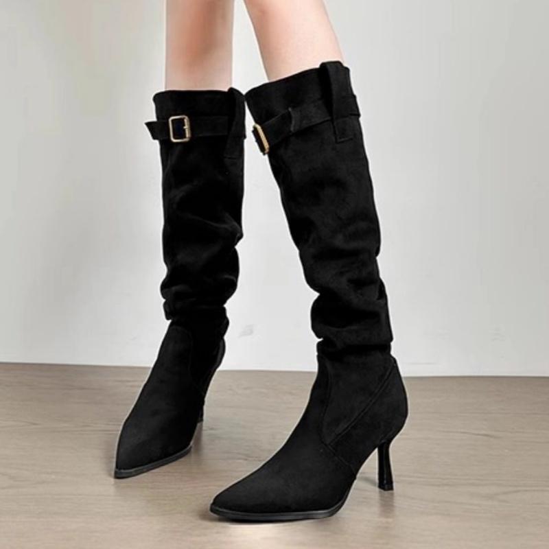 Women Knee High Heels Boots Sexy Pointed Toe Shoes 2025 Winter Trend Fashion Suede Walking Shoes Retro Goth Pumps Botas Mujer