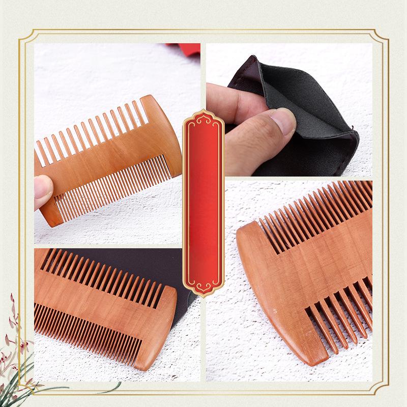 Double Sided Dense Sparse Toothed Comb, Mustache, Wooden Comb, Portable Peach Green Sandalwood Comb, Carved