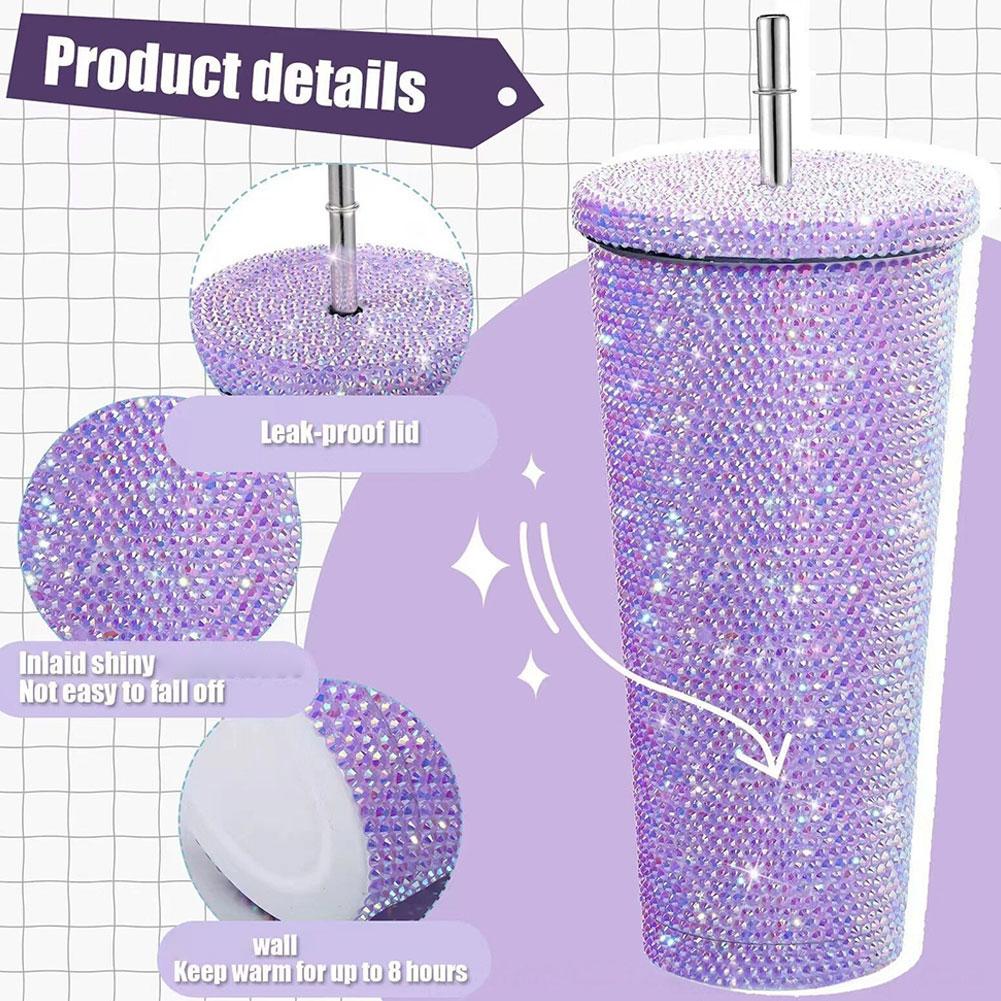 Insulated Straw Tumbler Stainless Steel Rhinestone Cup 24 Hour Hot Cold Water Coffee Drinkware For Office Travel Gym Accessories