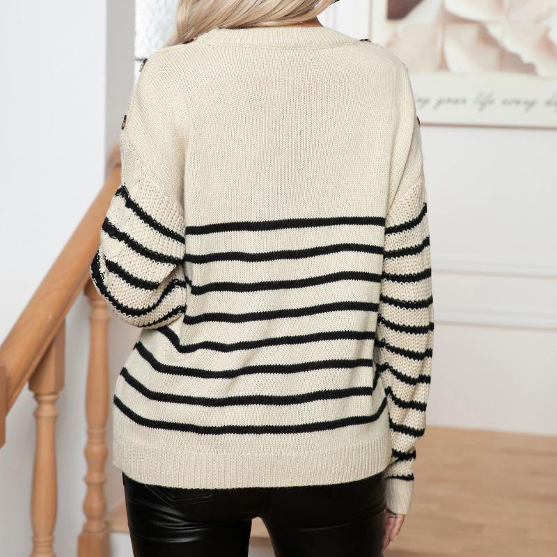 Женский полосатый свитер с длинными рукавами и переплетенными пуговицами в винтажном стиле