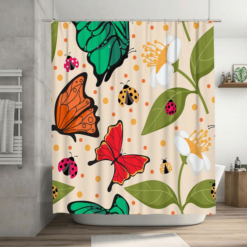 Набор разноцветных занавесок для душа с бабочками и божьими коровками для декора ванной комнаты, с цветочным принтом, из водонепроницаемой ткани, с крючками (Ничуть