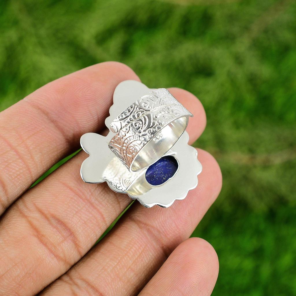Natural Lapis Lazuli Gemstone Stackable Adjustable Ring 925 Silver For Women