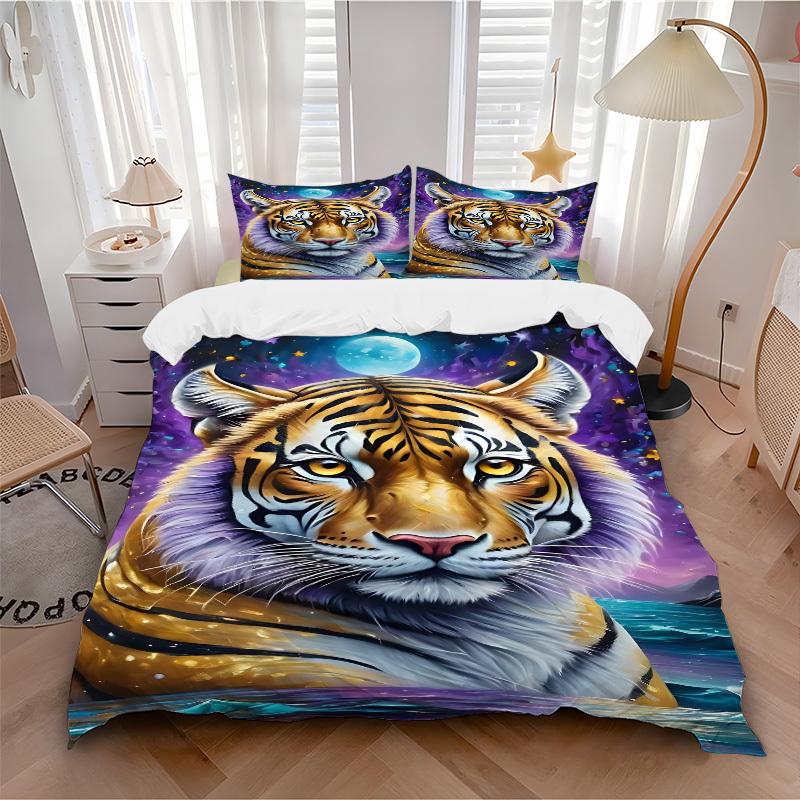 3pcs Tiger Moon Night Print Duvet Cover Set - Includes 1 Duvet Cover and 2 Pillowcases, No Quilt Core, All-Season Home Decor yy251111015