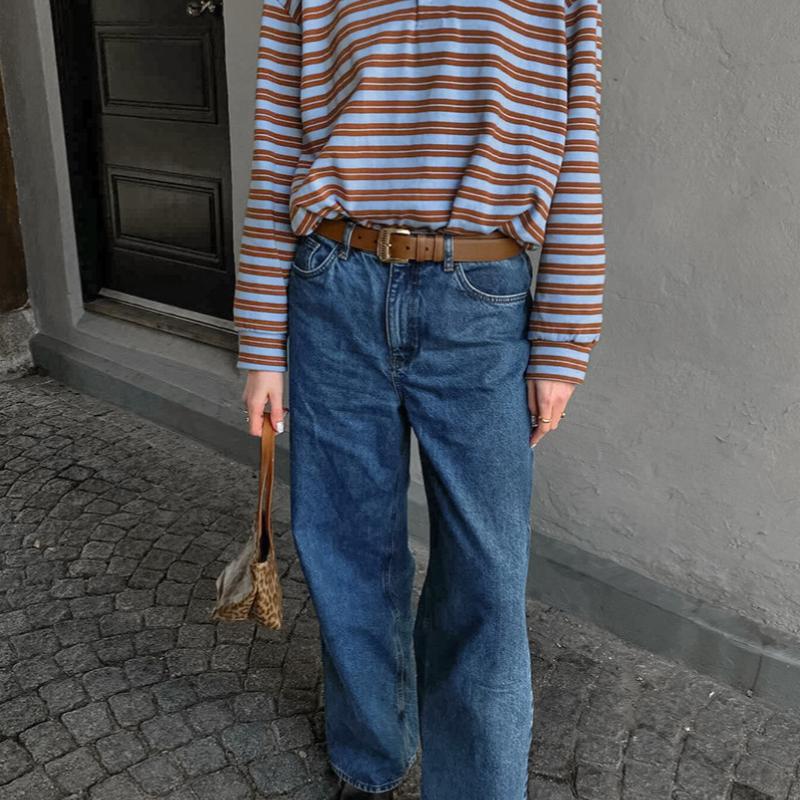 American Retro Autumn Winter V-Neck Color-Block Striped Long Sleeve T-Shirt Women's Cool and Spicy Personality Fashion Long Sleeve Top