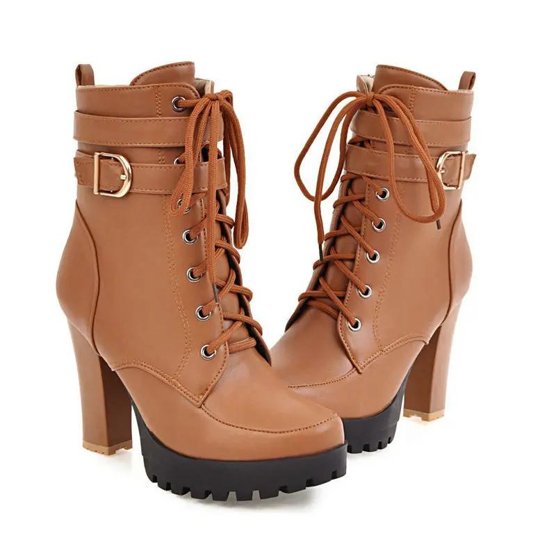 Shoes Women Motorcycle Boots Autumn Winter Ladies Boot  Stylish Lady Ankle Boots High Heel Platforms Sexy Botas Buckle White