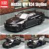 1/32 Nissan Skyline GTR R34 JDM Модель игрушечной машины Литой автомобиль Миниатюра Звук и свет Инерционный Коллекция Подарок Дети Мальчик